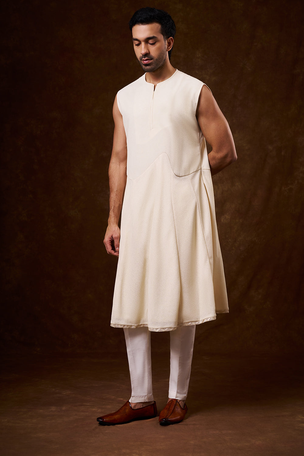 Ivory Art Silk Groom’s Sherwani with Dori Work