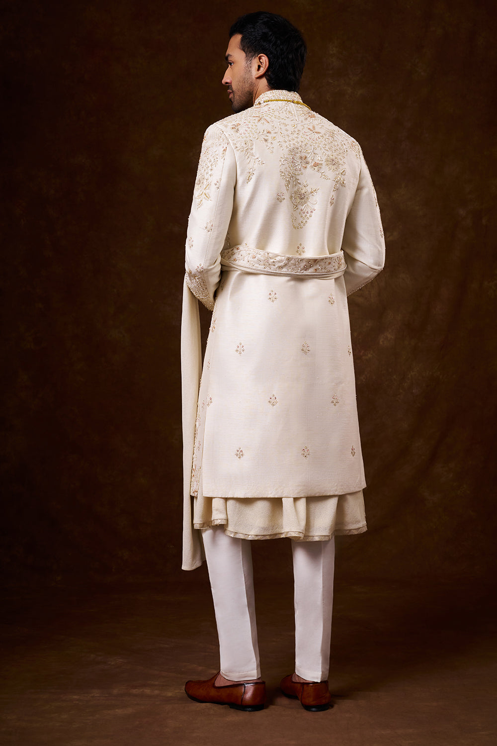 Ivory Art Silk Groom’s Sherwani with Dori Work