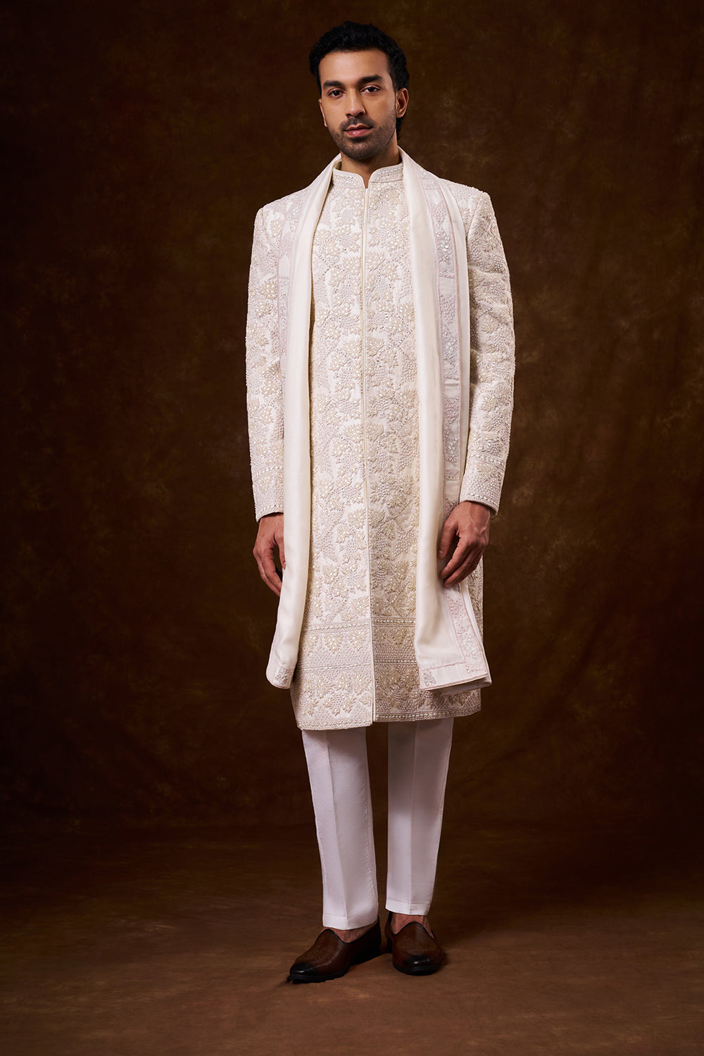 Ivory Art Silk Groom’s Sherwani with Threadwork