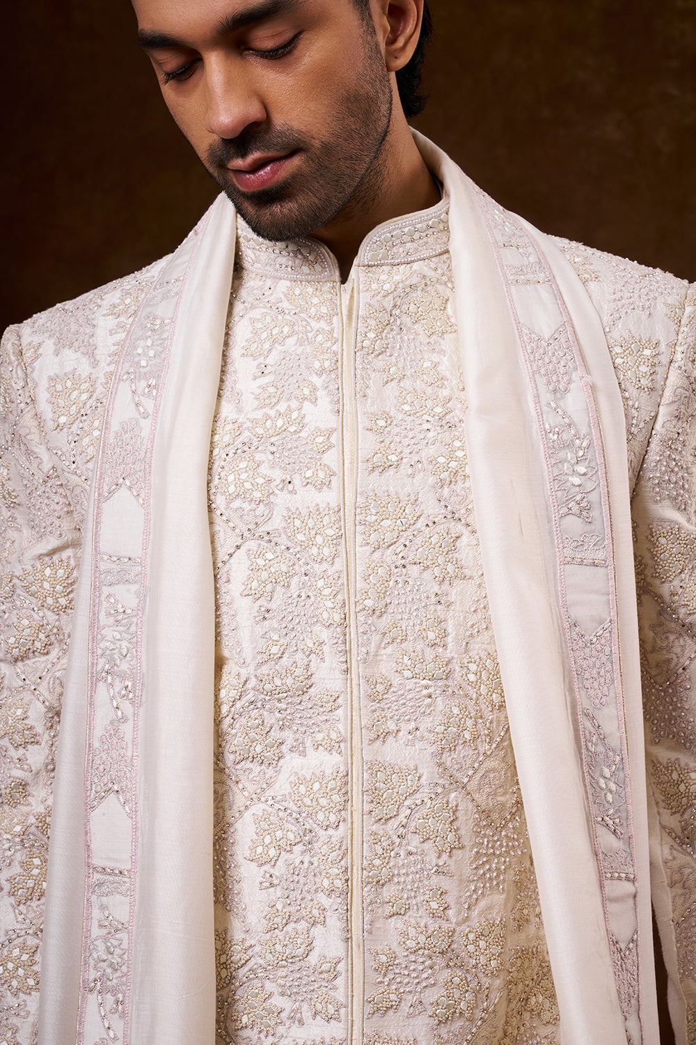 Ivory Art Silk Groom’s Sherwani with Threadwork