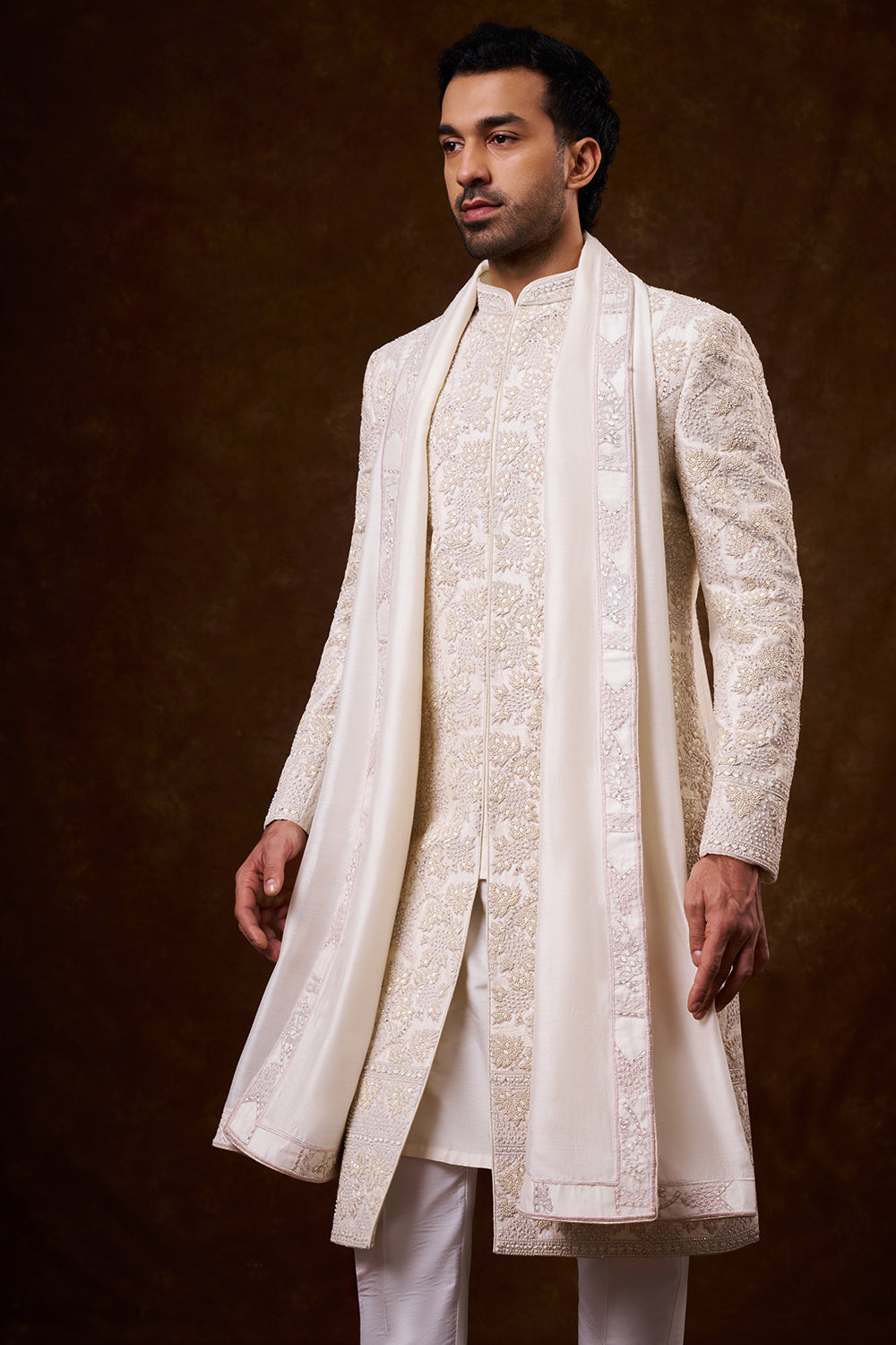 Ivory Art Silk Groom’s Sherwani with Threadwork