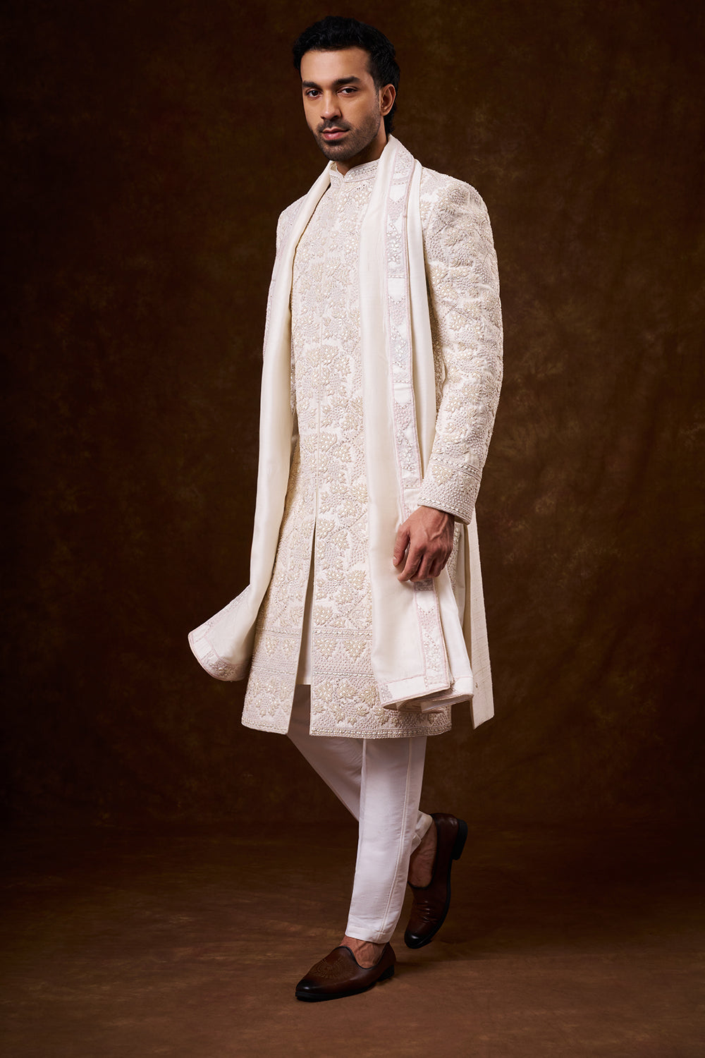 Ivory Art Silk Groom’s Sherwani with Threadwork