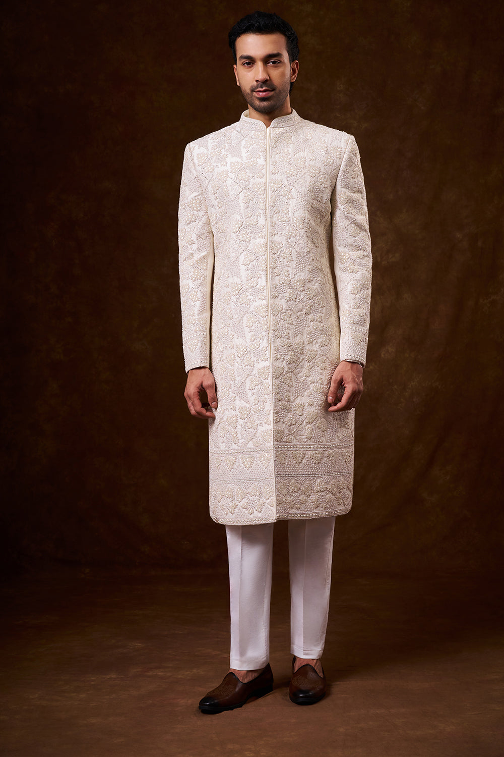 Ivory Art Silk Groom’s Sherwani with Threadwork