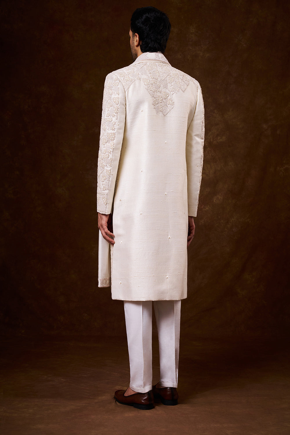 Ivory Art Silk Groom’s Sherwani with Threadwork