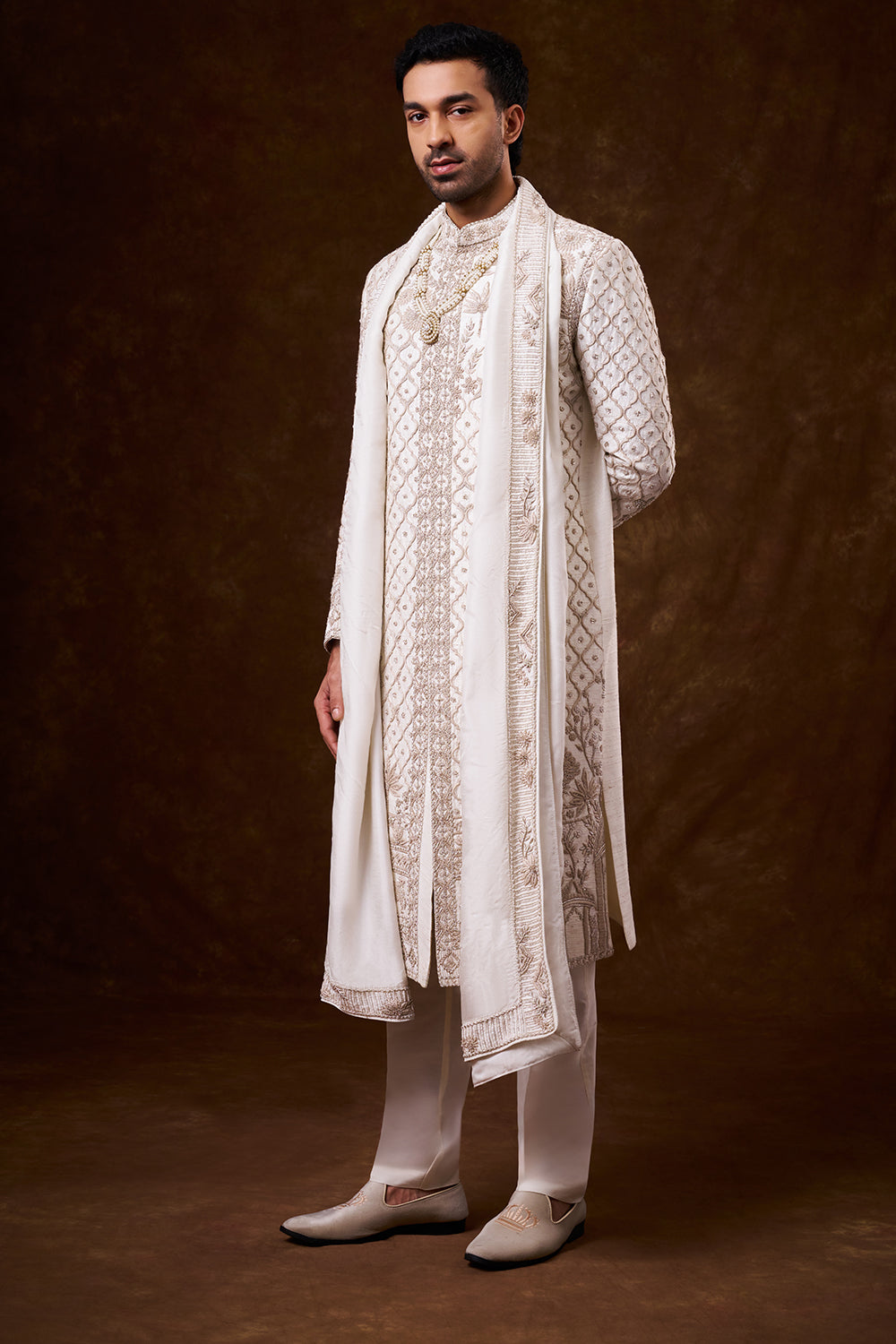 Ivory Art Silk Groom’s Sherwani with Zari Work