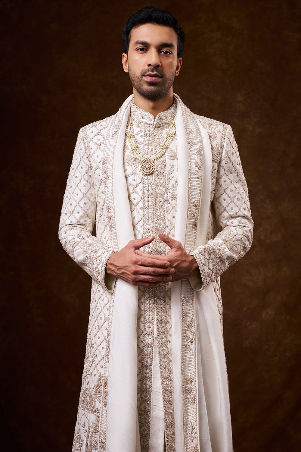 Ivory Art Silk Groom’s Sherwani with Zari Work