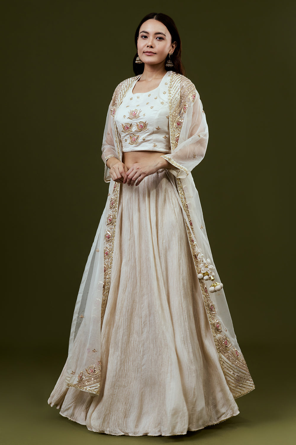 Ivory Art Silk Suit Set with Zardosi and Gota Work