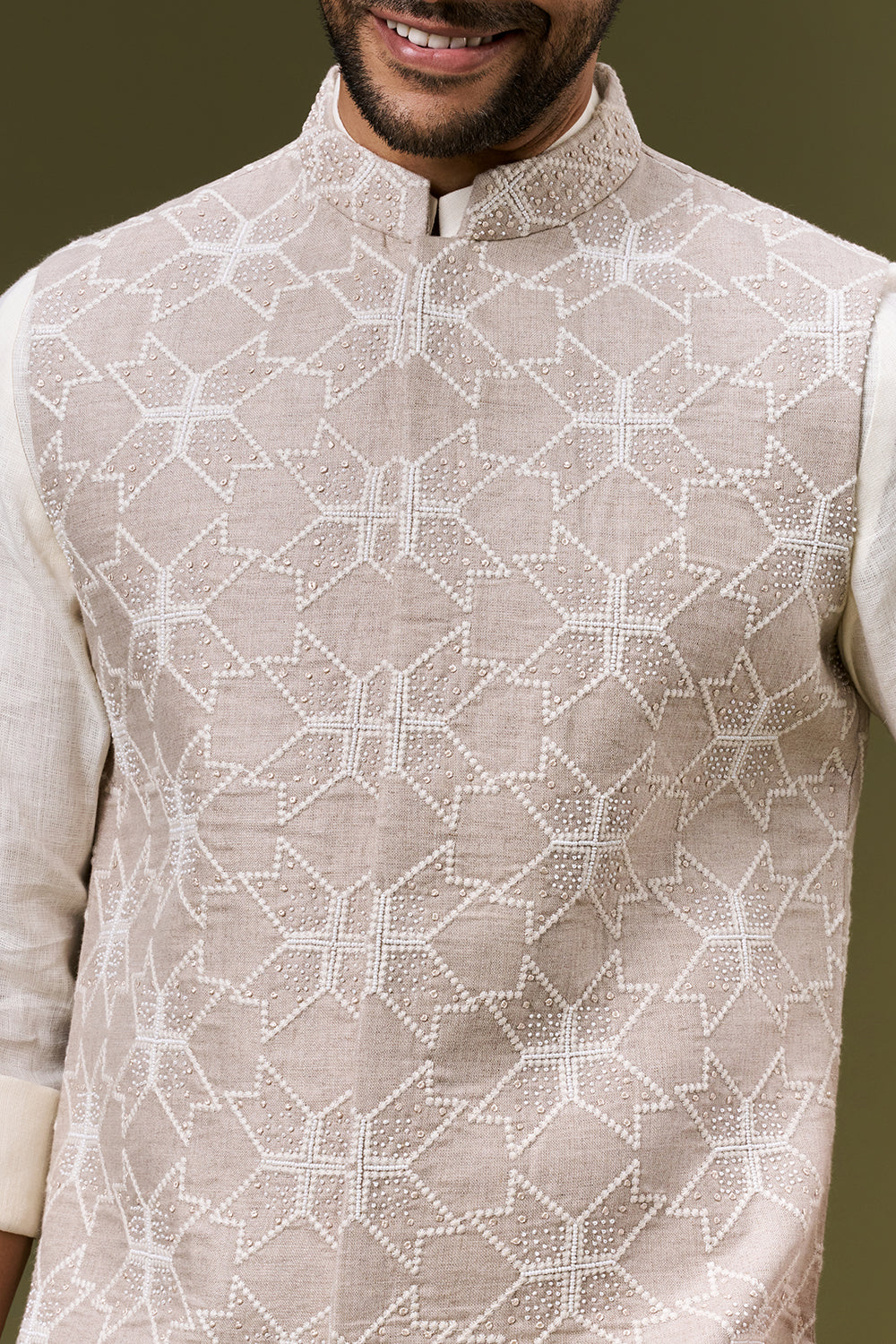 Ivory Beige Cotton Bundi Set with Thread and Bead Work
