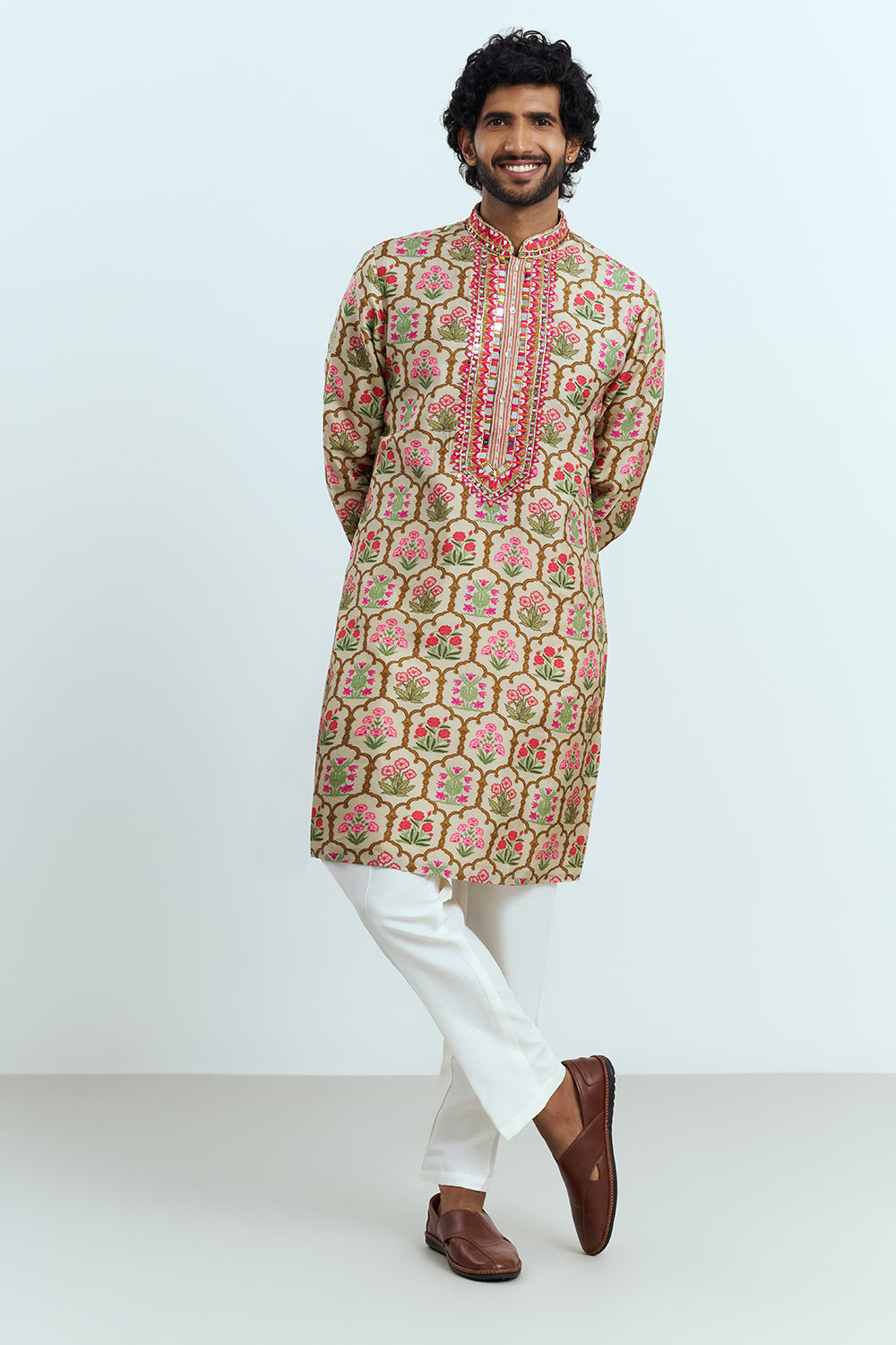 Ivory Beige Floral Printed Men's Kurta Set