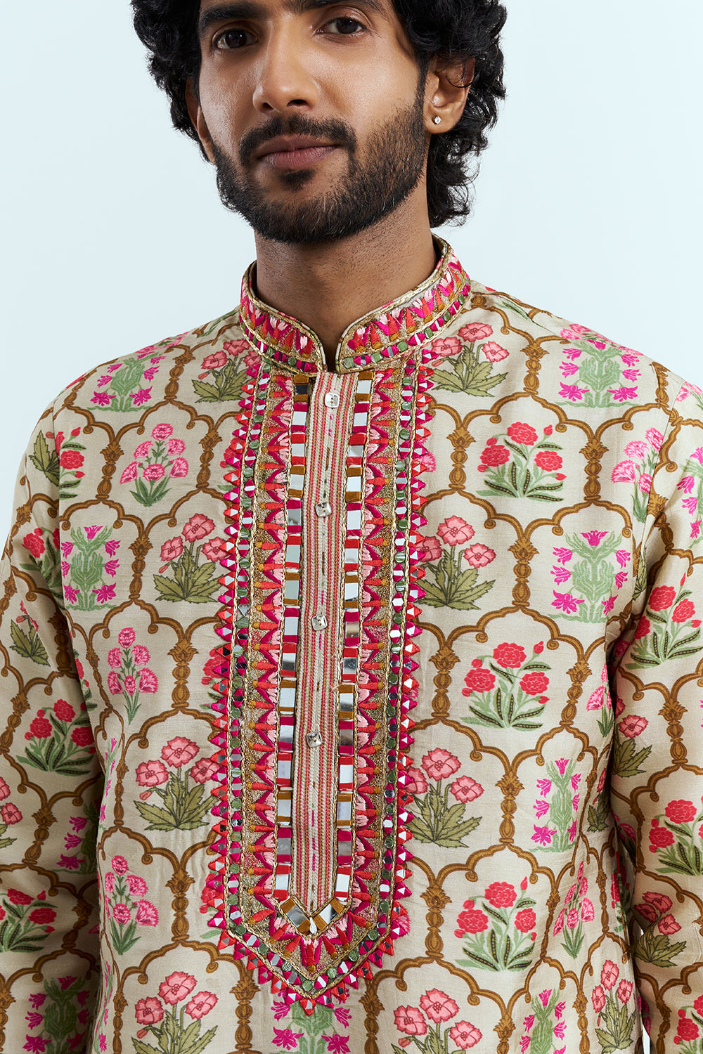 Ivory Beige Floral Printed Men's Kurta Set