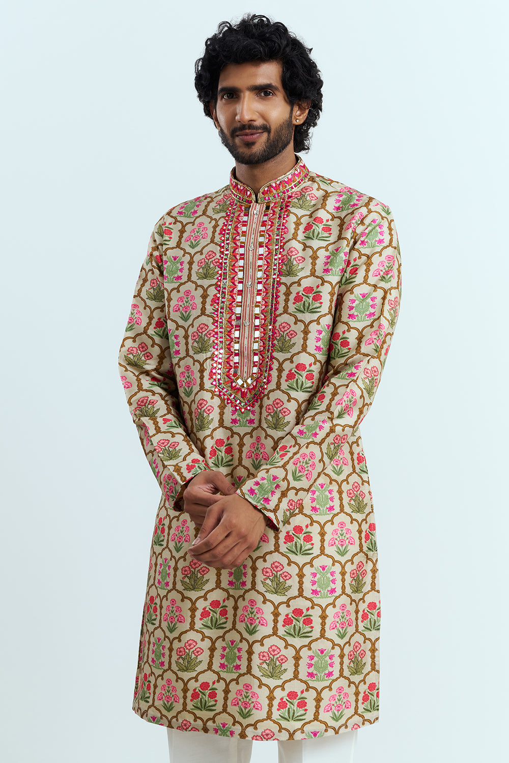 Ivory Beige Floral Printed Men's Kurta Set