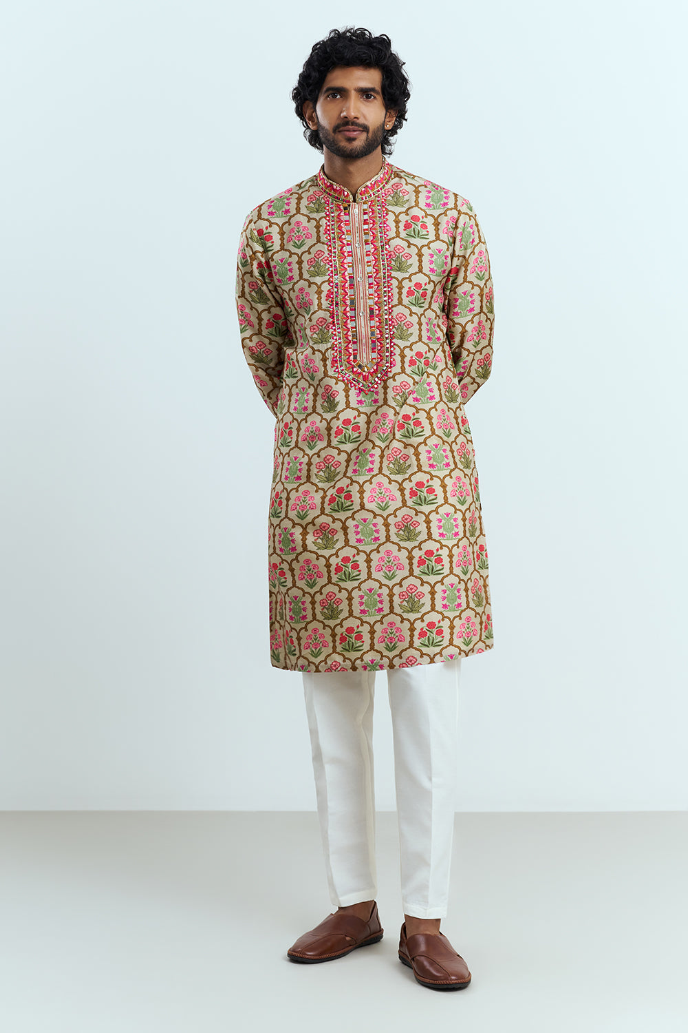 Ivory Beige Floral Printed Men's Kurta Set