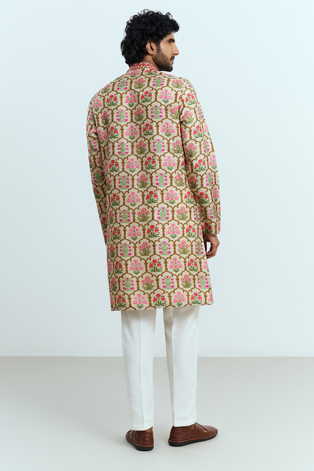 Ivory Beige Floral Printed Men's Kurta Set