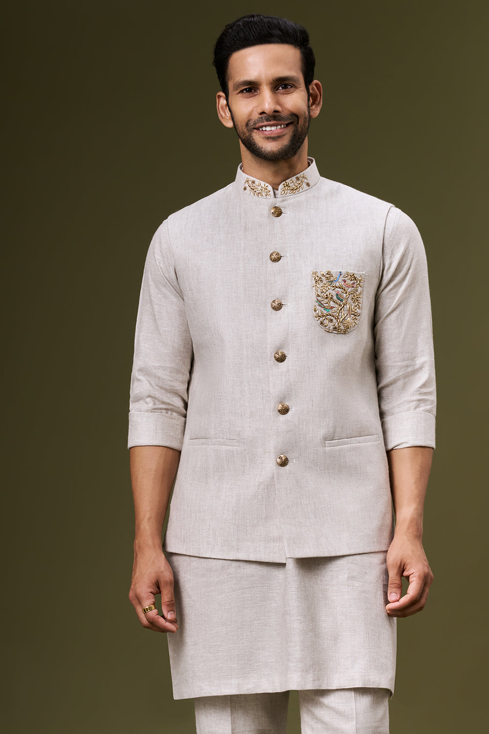 Ivory Beige Linen Bundi Set with Zardosi Embroidered Pocket Detailing