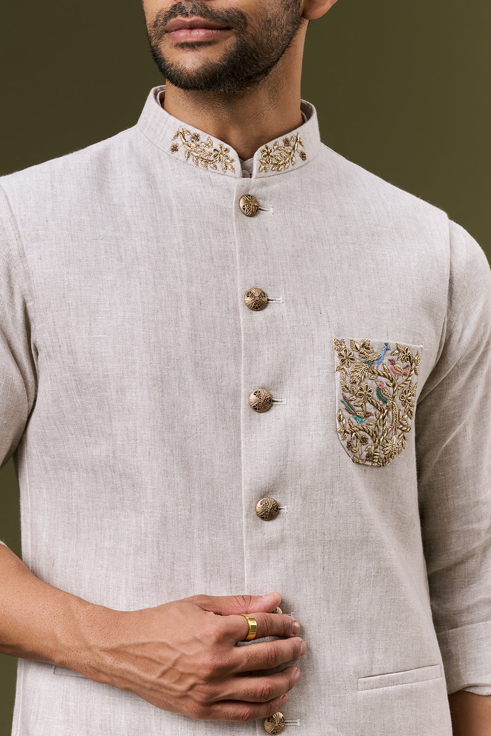 Ivory Beige Linen Bundi Set with Zardosi Embroidered Pocket Detailing