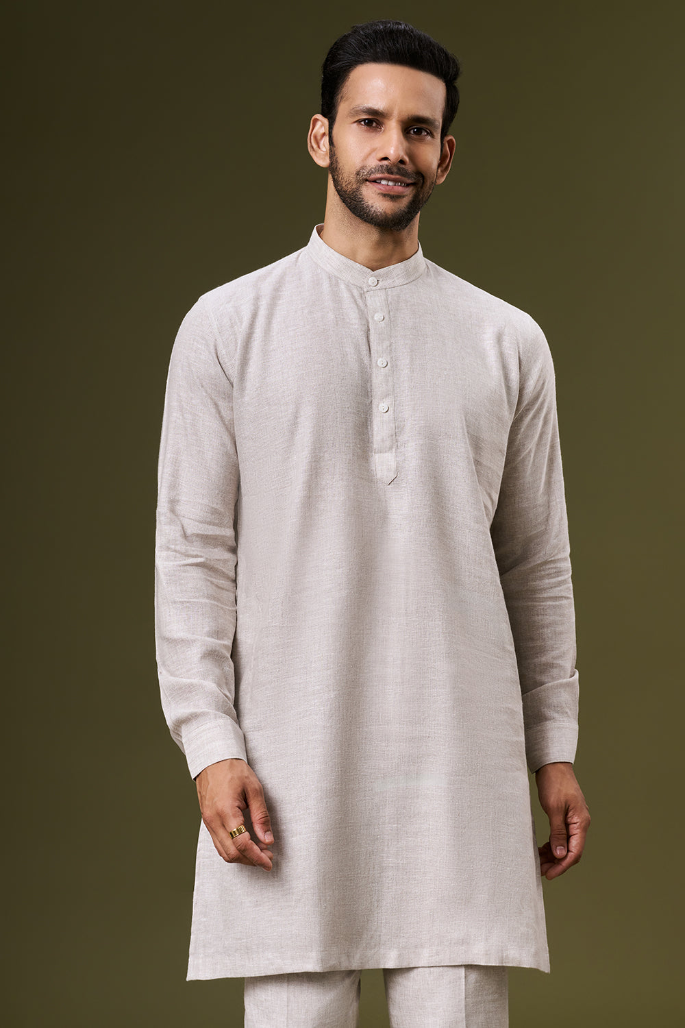 Ivory Beige Linen Bundi Set with Zardosi Embroidered Pocket Detailing