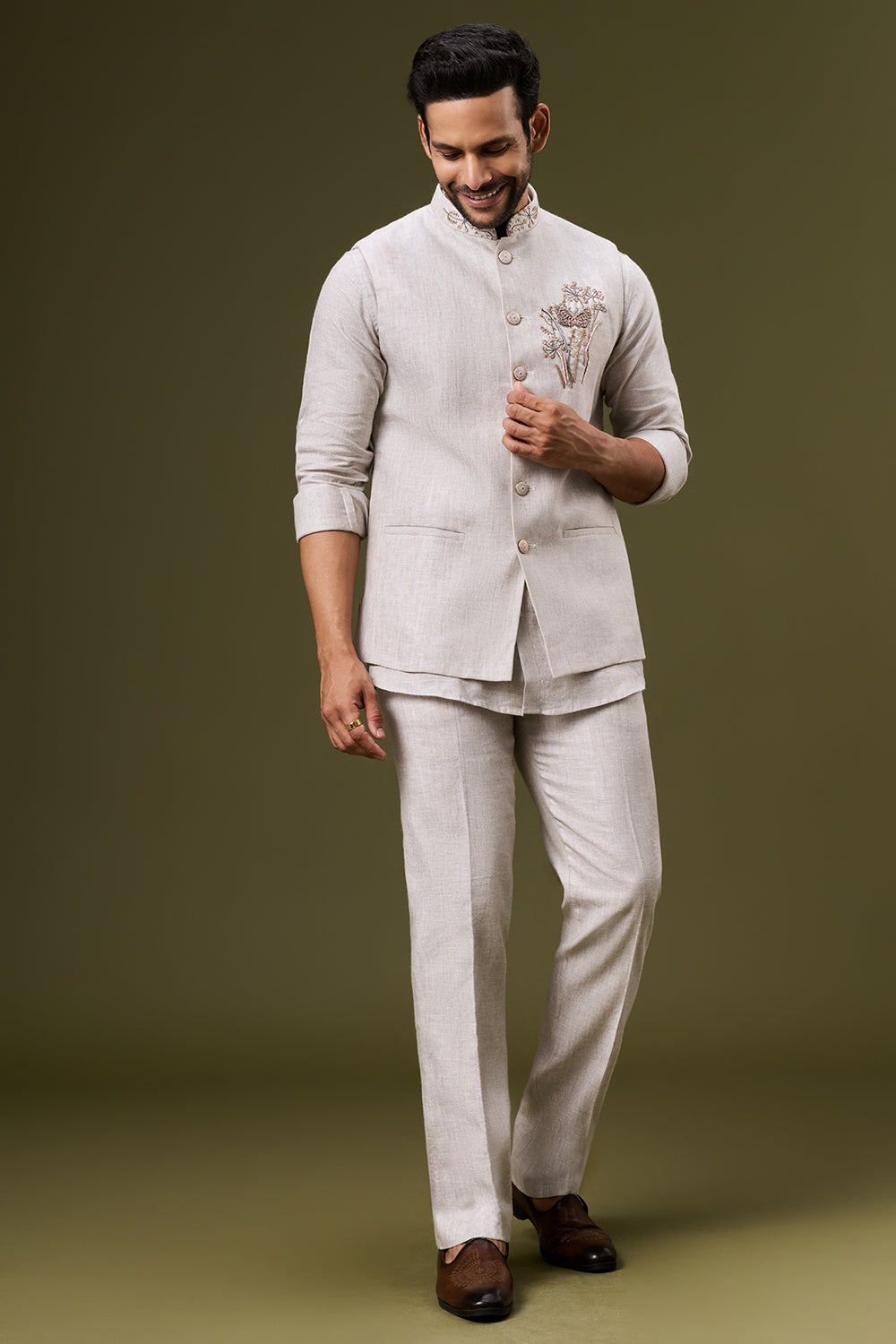 Ivory Beige Linen Embroidered Bundi Set with Zardosi Botanical Motif