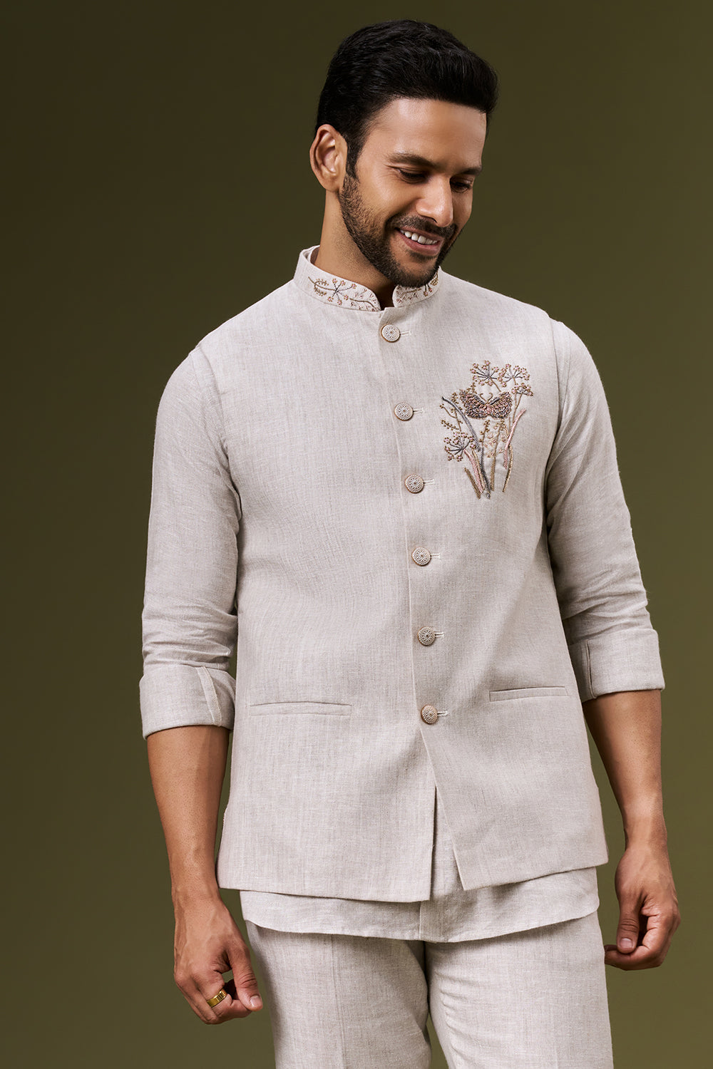 Ivory Beige Linen Embroidered Bundi Set with Zardosi Botanical Motif