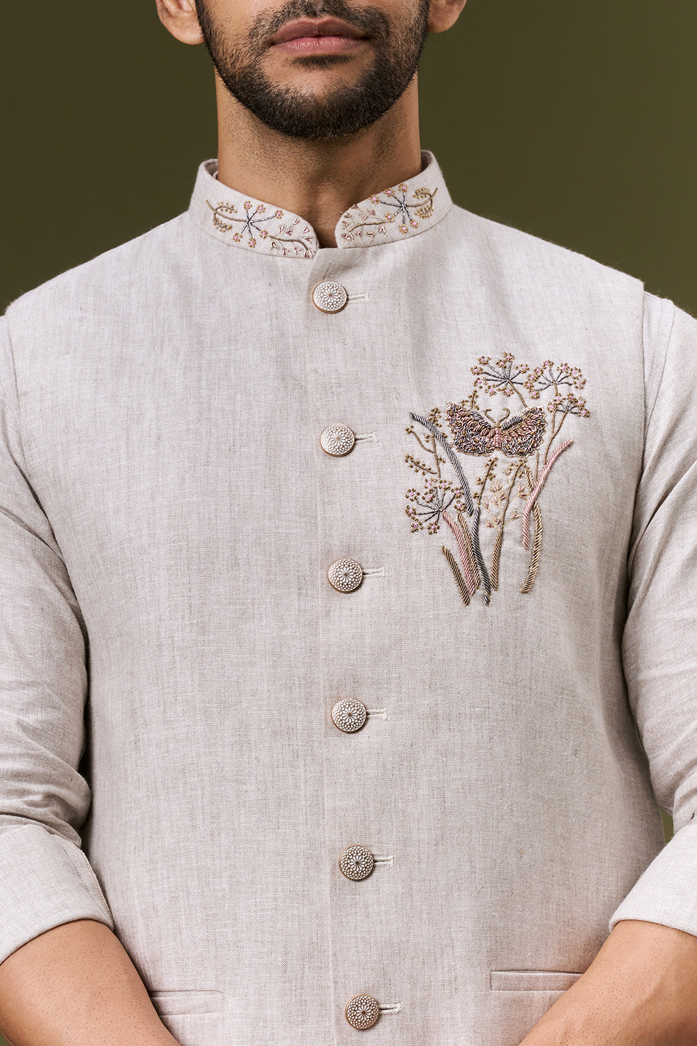 Ivory Beige Linen Embroidered Bundi Set with Zardosi Botanical Motif