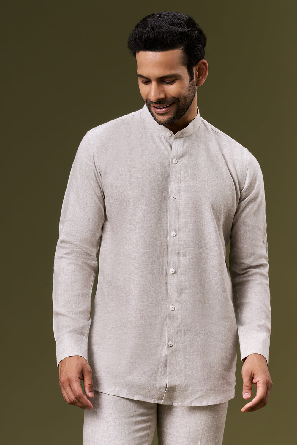 Ivory Beige Linen Embroidered Bundi Set with Zardosi Botanical Motif