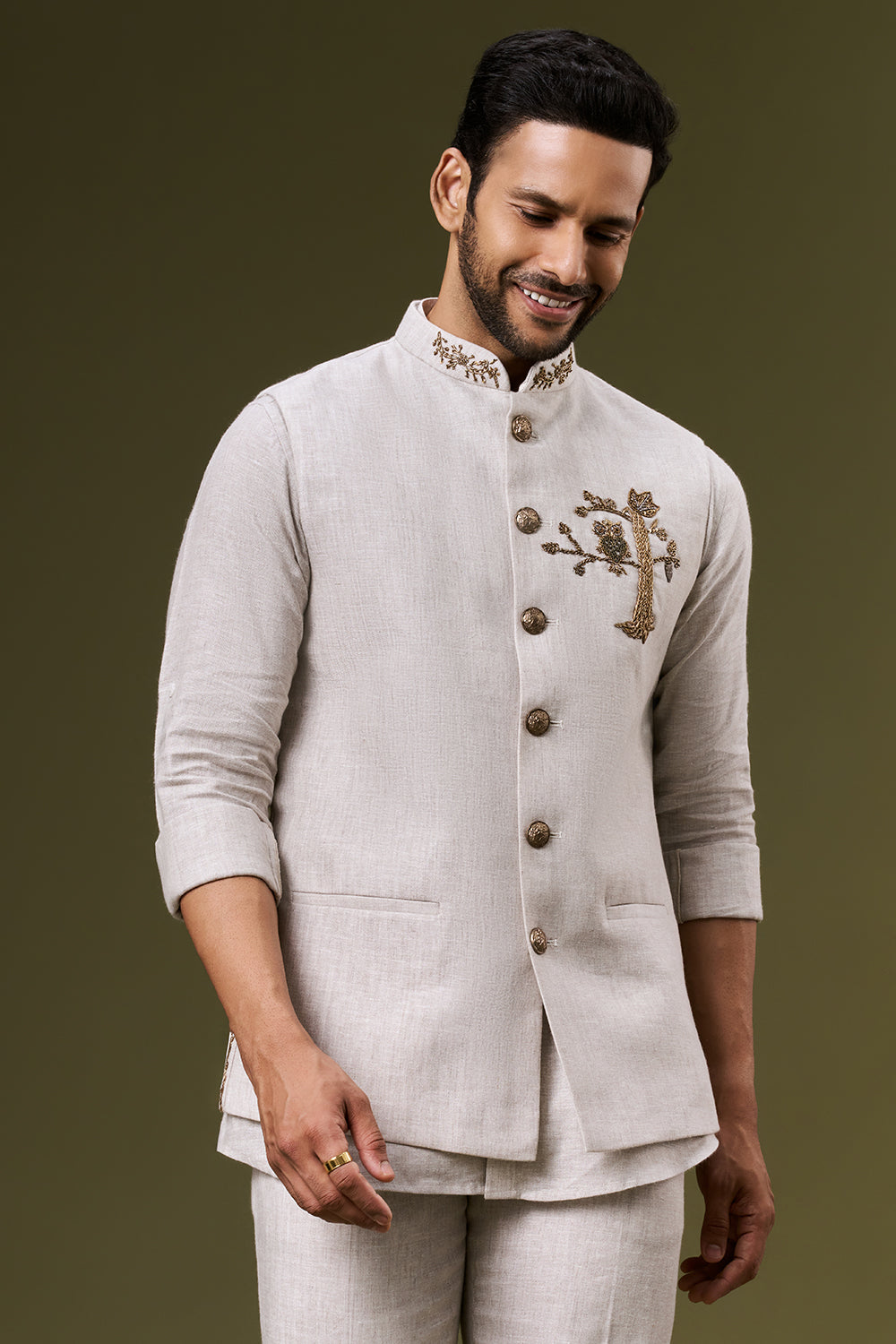 Ivory Beige Linen Embroidered Motif Bundi Set with Zardosi and Cut Dana Work