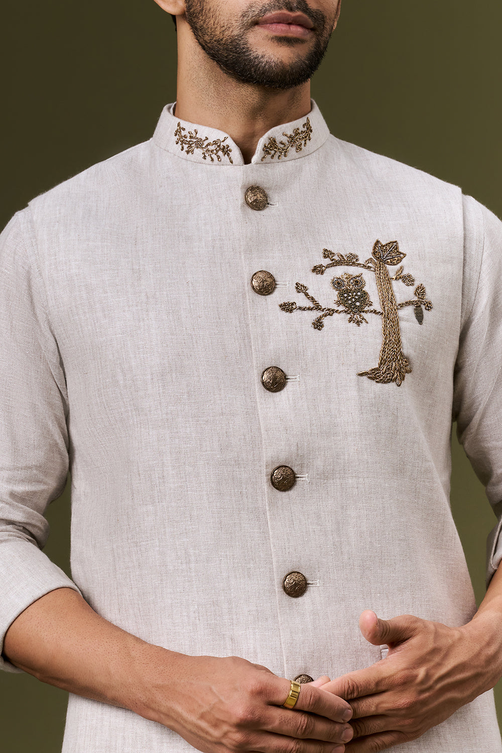 Ivory Beige Linen Embroidered Motif Bundi Set with Zardosi and Cut Dana Work