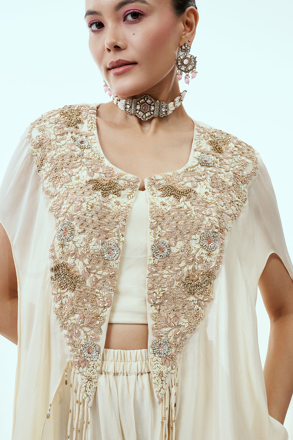 Ivory Chinon Indo Western Palazzo Set with Moti and Sequin