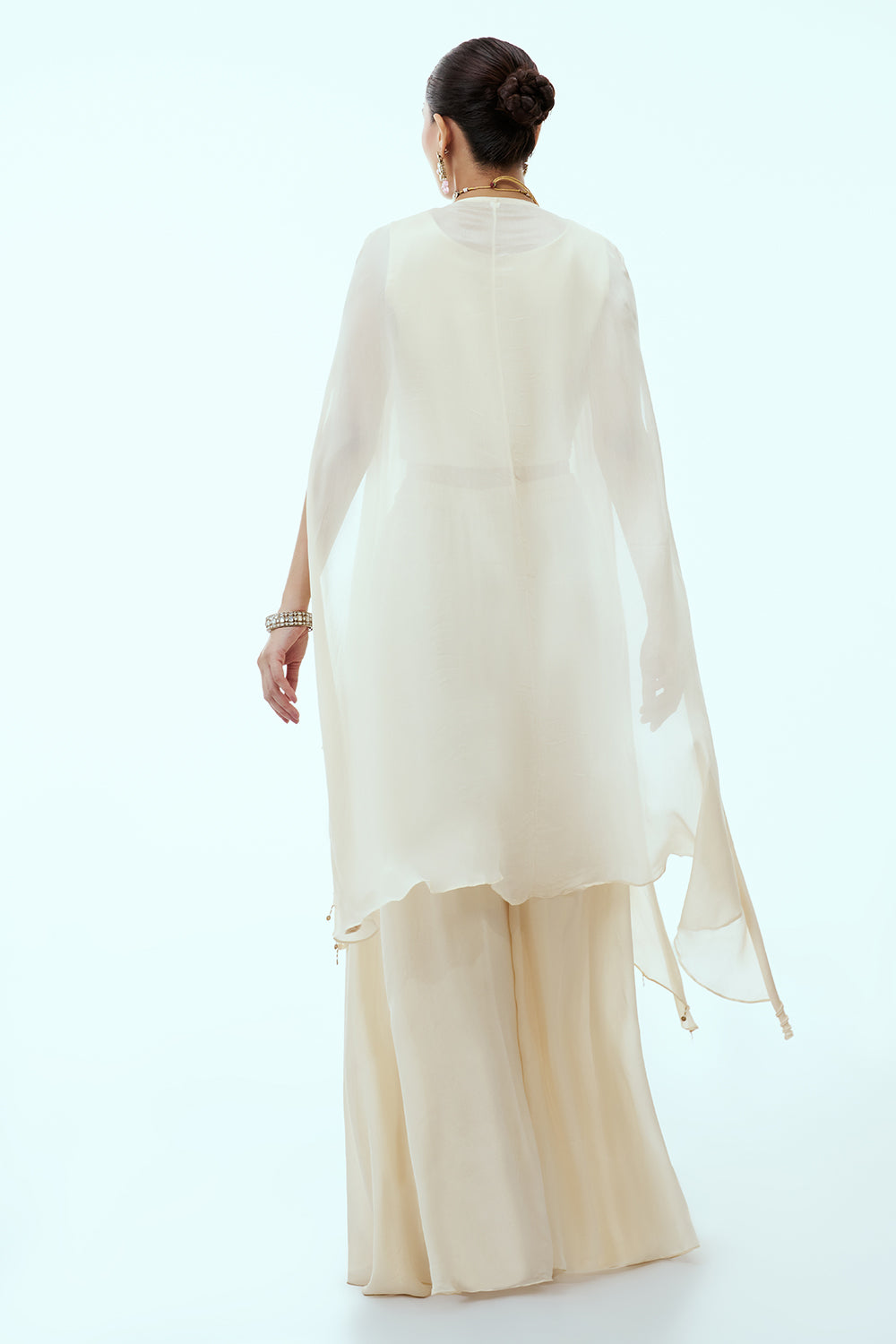 Ivory Chinon Indo Western Palazzo Set with Moti and Sequin