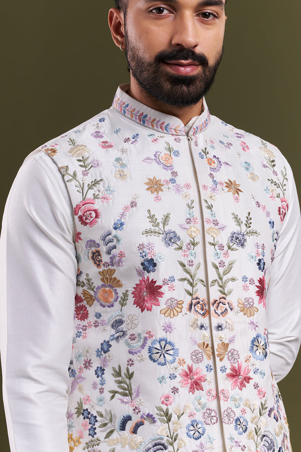 Ivory Cotton Jute Resham Work Men's Kurta with Jacket