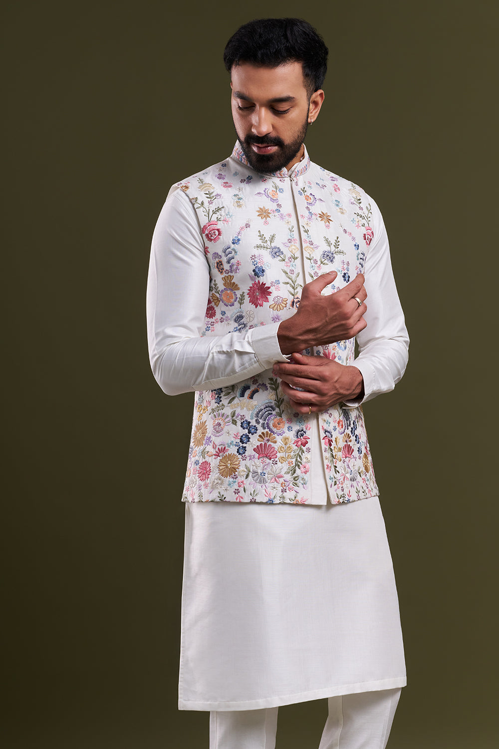 Ivory Cotton Jute Resham Work Men's Kurta with Jacket