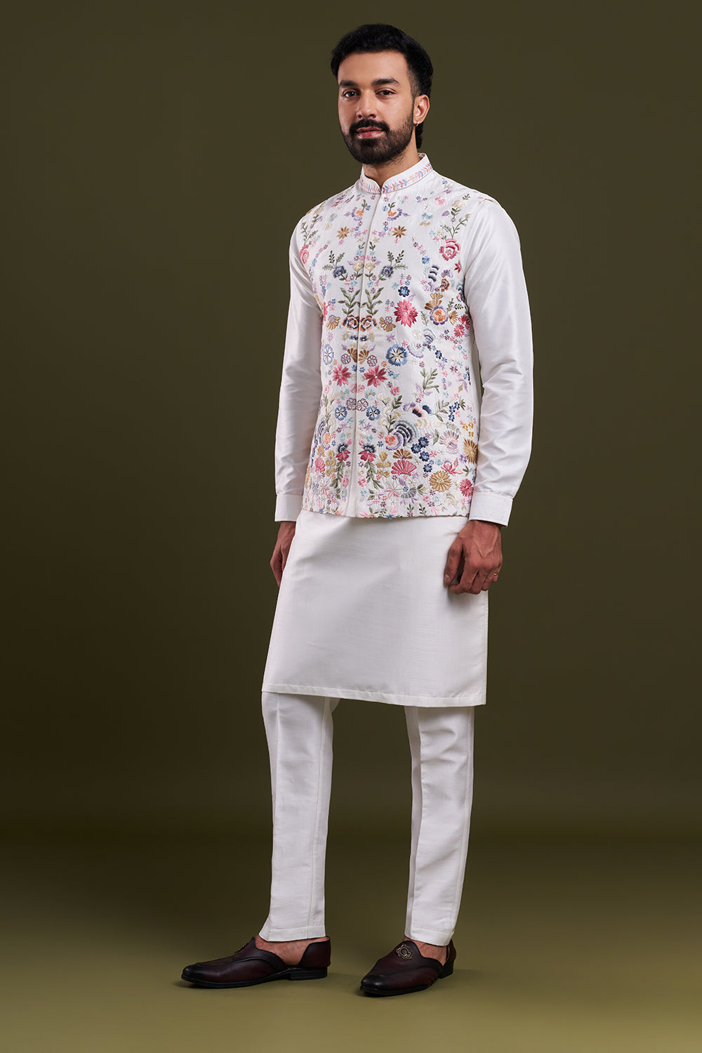 Ivory Cotton Jute Resham Work Men's Kurta with Jacket