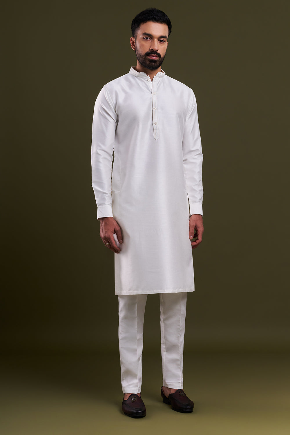 Ivory Cotton Jute Resham Work Men's Kurta with Jacket