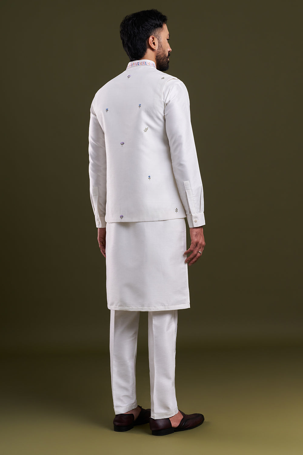 Ivory Cotton Jute Resham Work Men's Kurta with Jacket