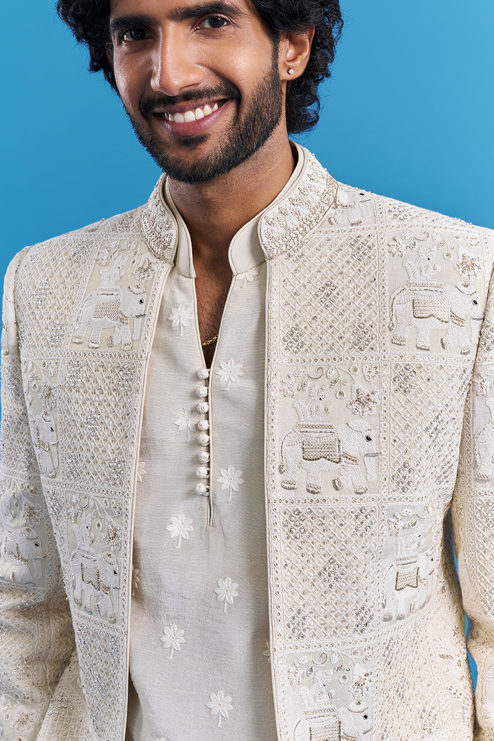 Ivory Cream Embroidered Men's Indo-Western Set