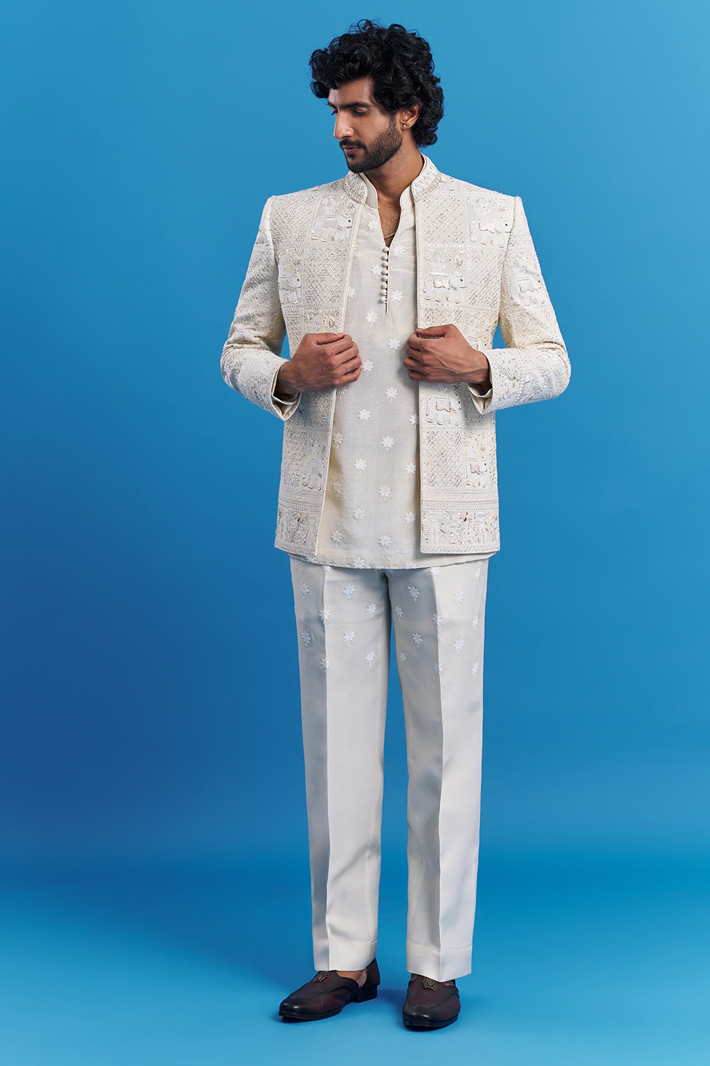 Ivory Cream Embroidered Men's Indo-Western Set