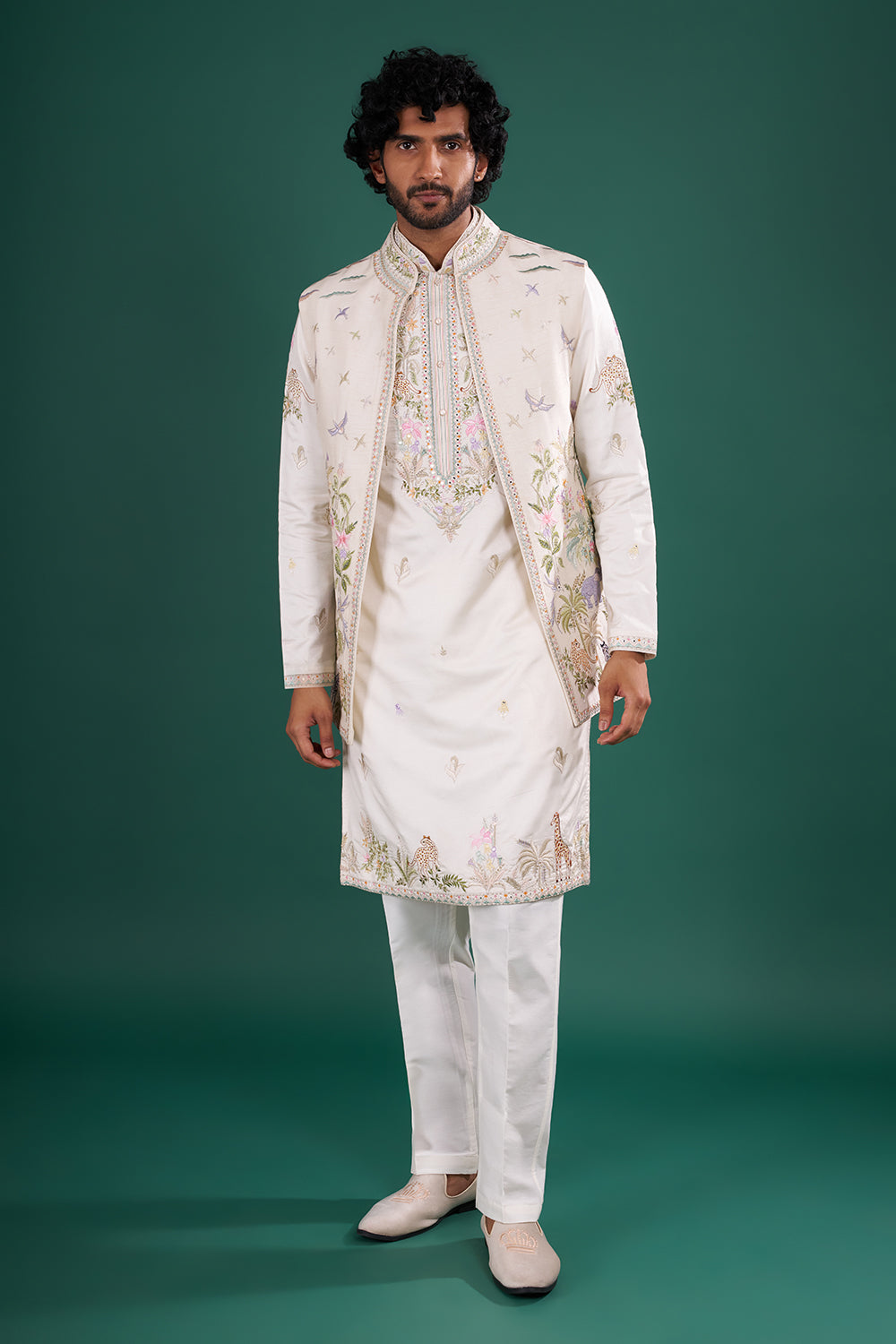 Ivory Cream Embroidered Silk Blend Kurta Set with Open Jacket