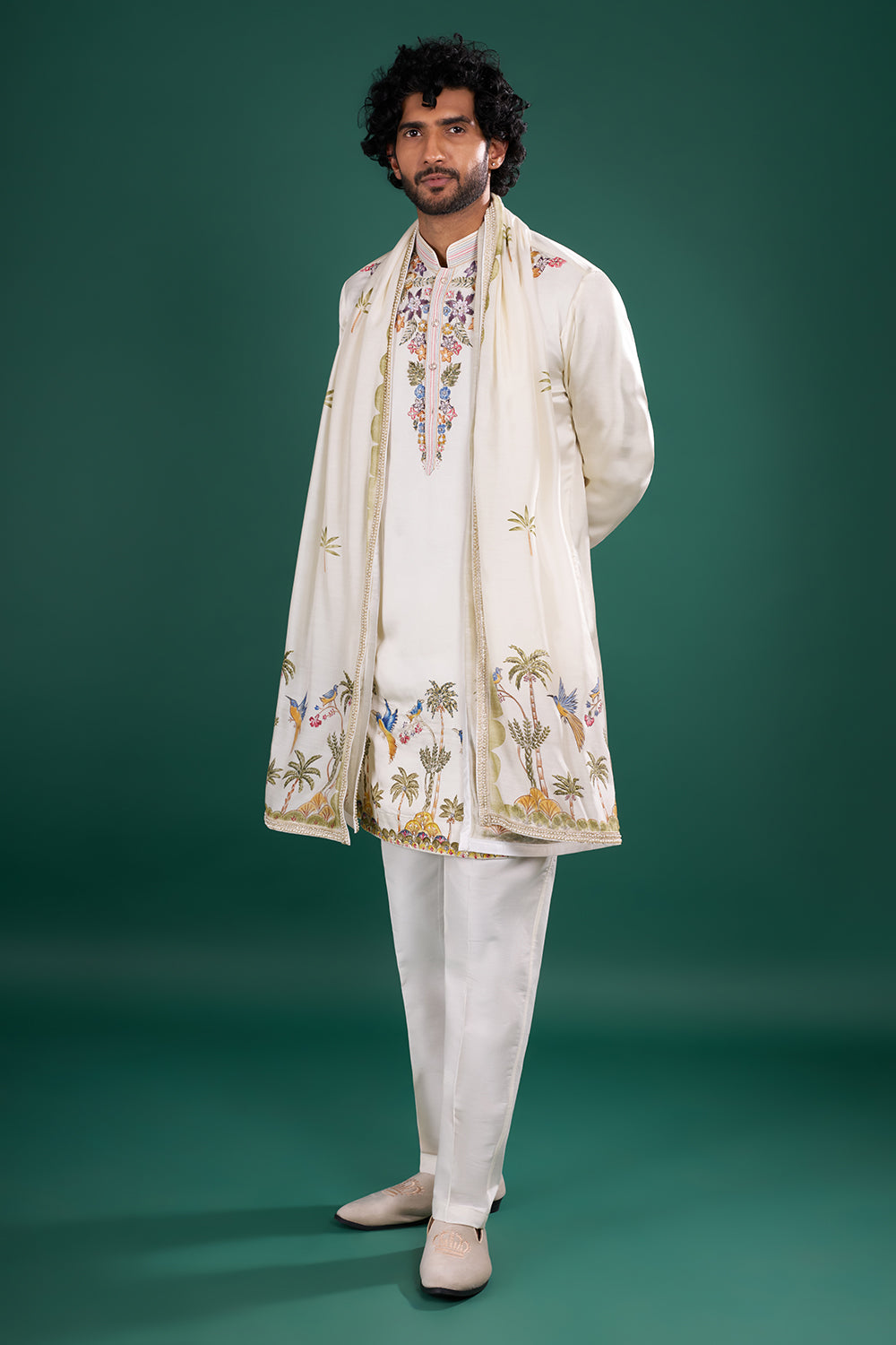 Ivory Cream Floral Embroidered Silk Blend Kurta Set with Dupatta