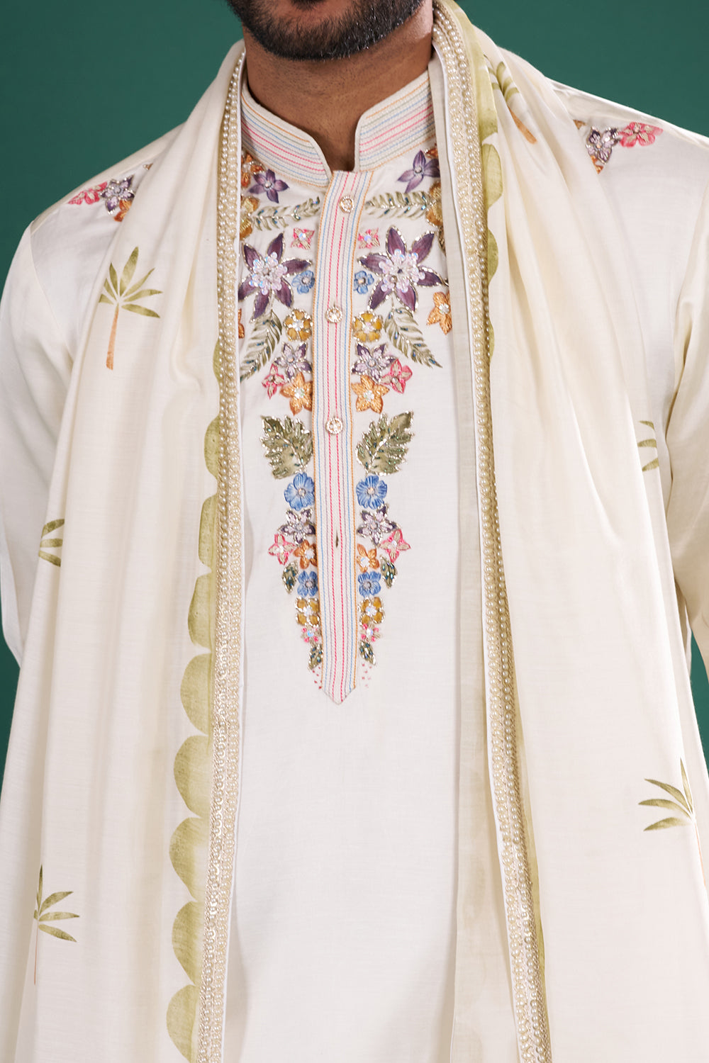 Ivory Cream Floral Embroidered Silk Blend Kurta Set with Dupatta