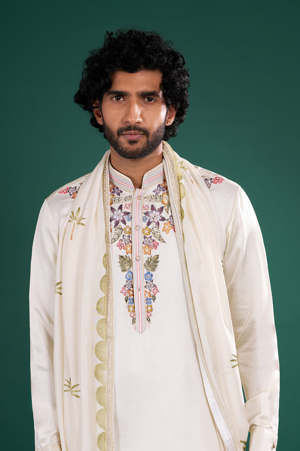 Ivory Cream Floral Embroidered Silk Blend Kurta Set with Dupatta