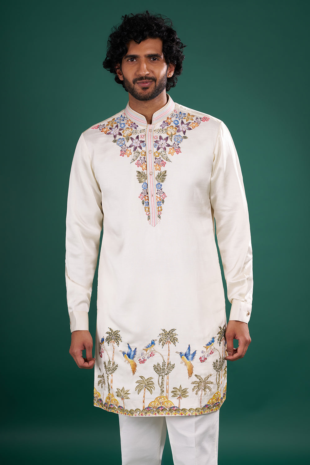 Ivory Cream Floral Embroidered Silk Blend Kurta Set with Dupatta