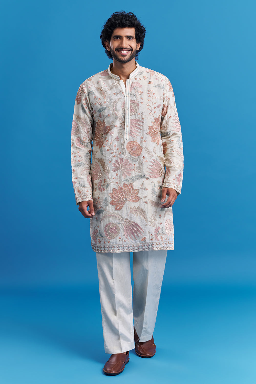 Ivory Floral Embroidered Men's Kurta Set
