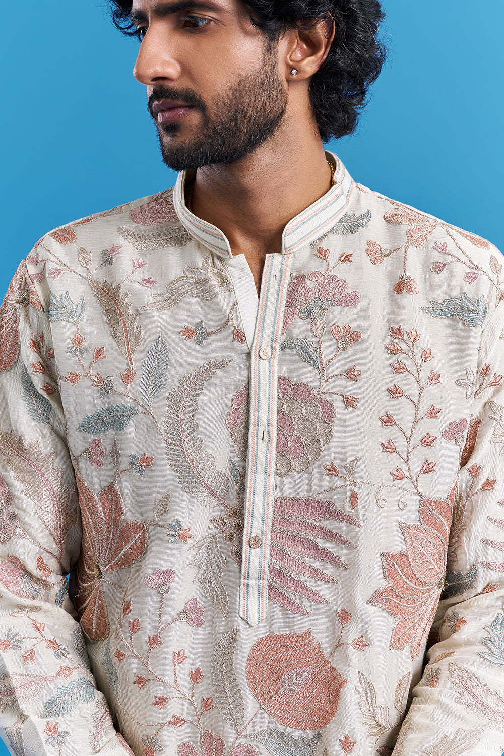 Ivory Floral Embroidered Men's Kurta Set