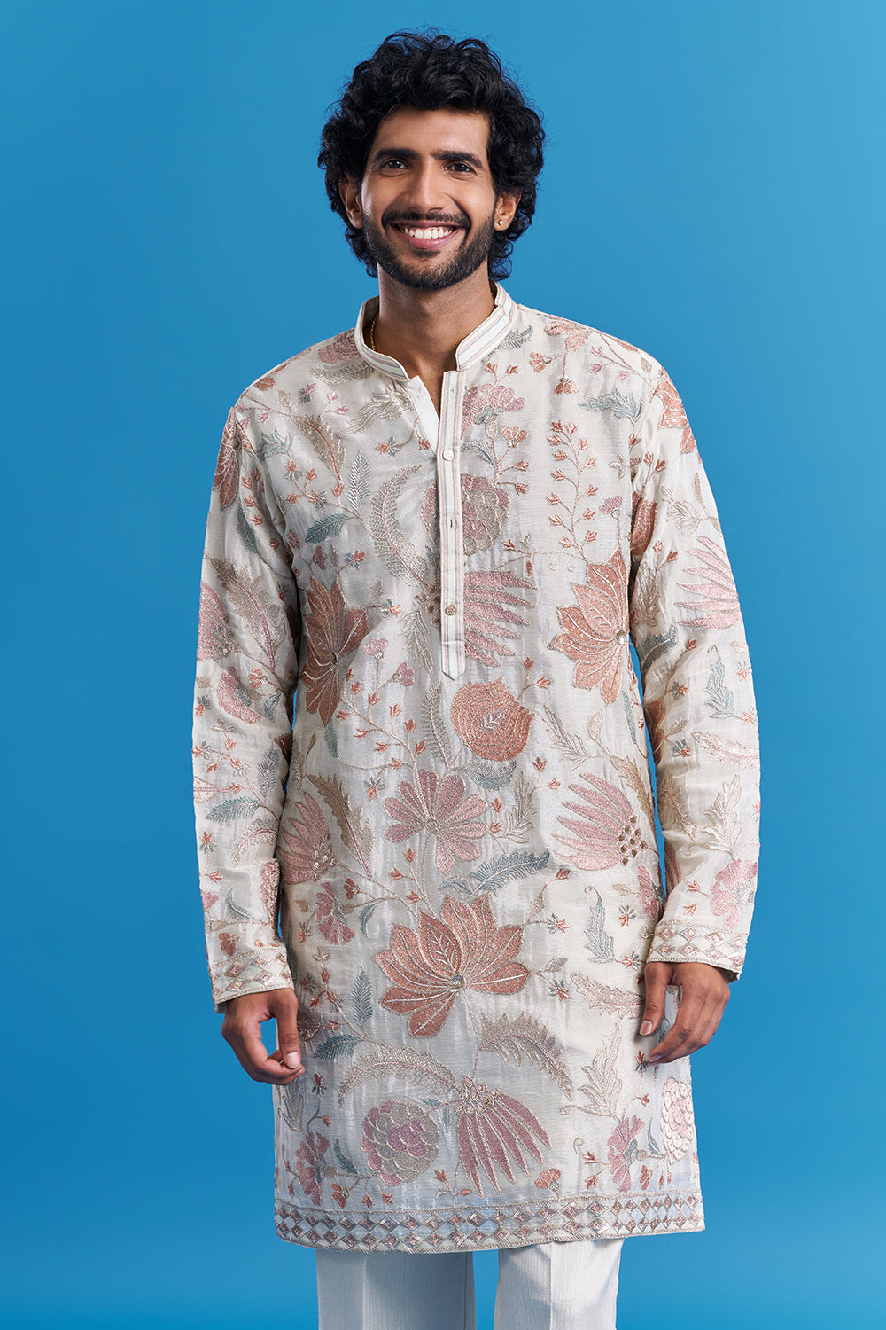 Ivory Floral Embroidered Men's Kurta Set