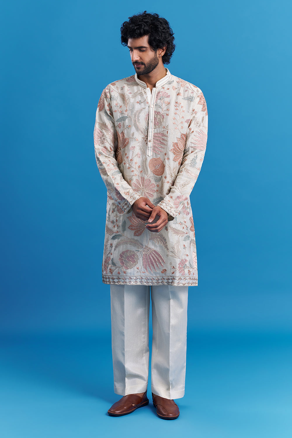 Ivory Floral Embroidered Men's Kurta Set
