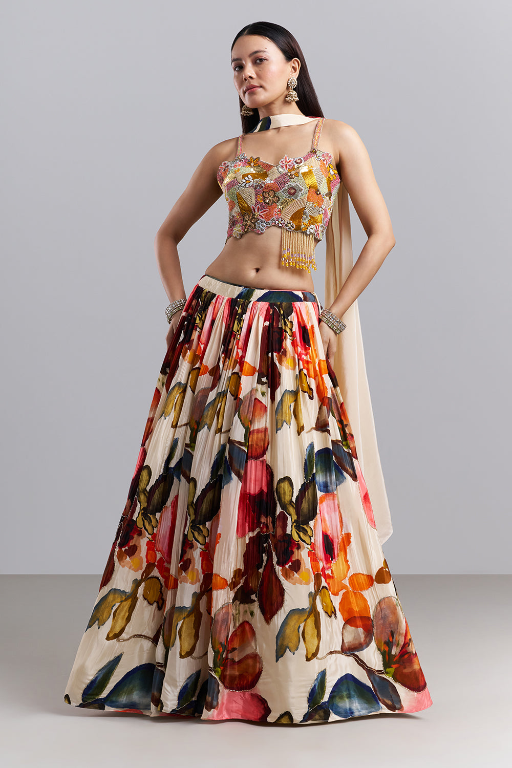 Ivory Floral Printed Lehenga Set with Embellished Blouse