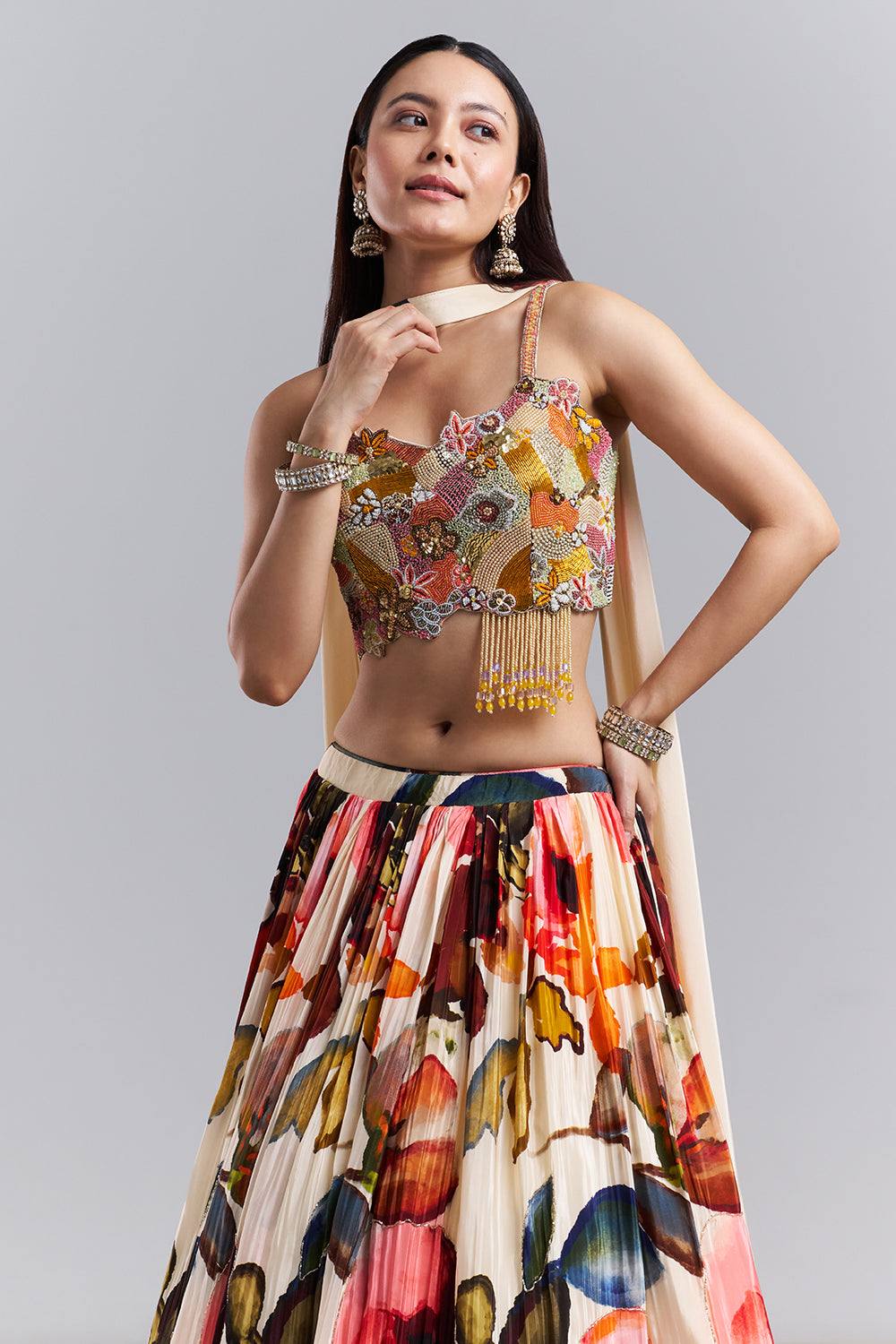 Ivory Floral Printed Lehenga Set with Embellished Blouse