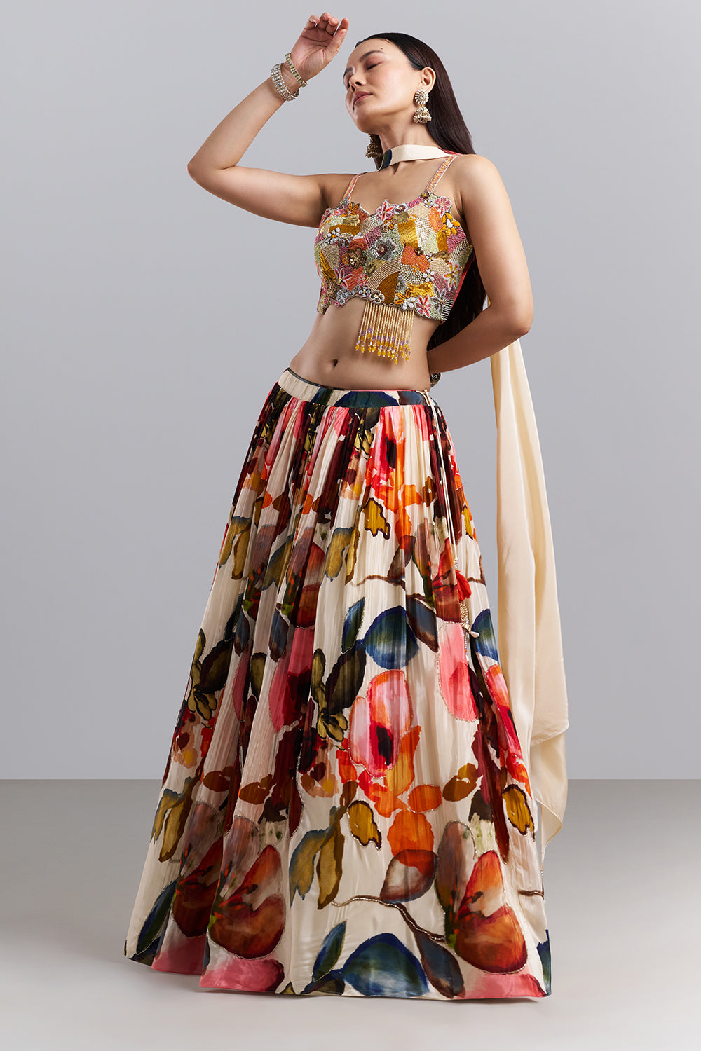 Ivory Floral Printed Lehenga Set with Embellished Blouse