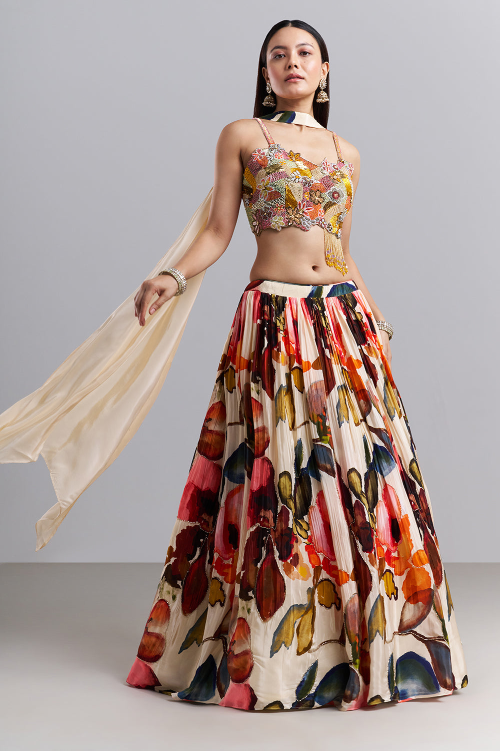 Ivory Floral Printed Lehenga Set with Embellished Blouse