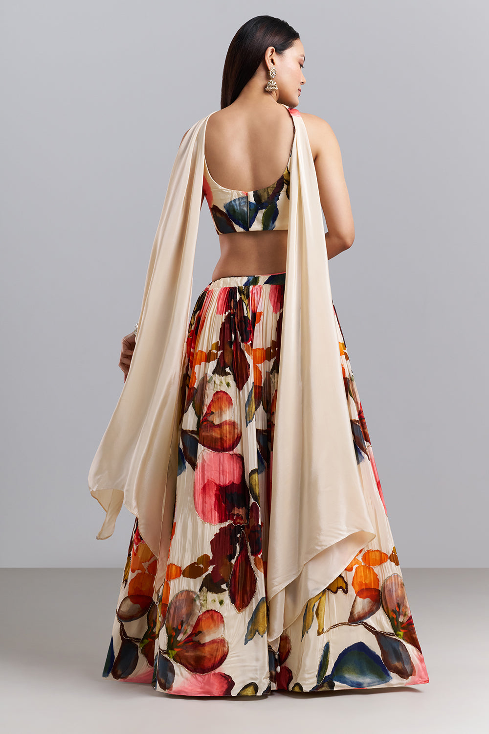 Ivory Floral Printed Lehenga Set with Embellished Blouse
