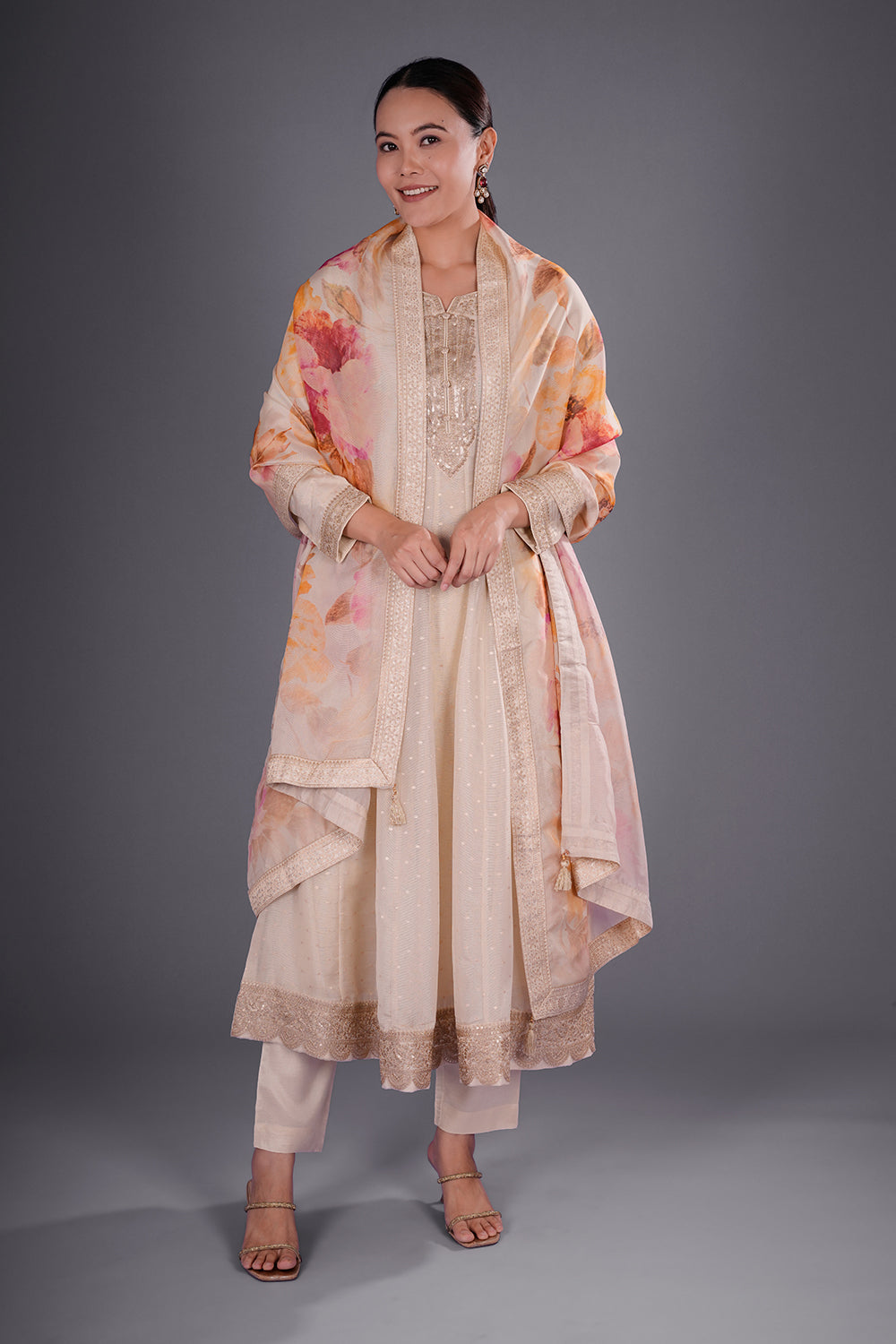 Ivory Gold Chanderi Anarkali Set with Zari Embroidery